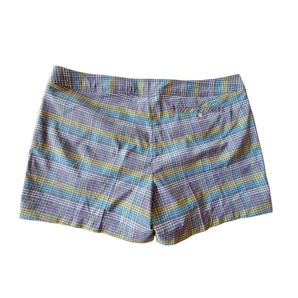 Slazenger Plaid Golf Shorts Grey‎ Teal Yellow Size 14 Activewear Stretch Pockets - Picture 2 of 7